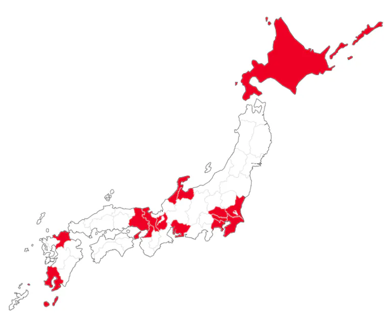 ギックス従業員の居住地を示した日本地図。東京や大阪だけでなく全国各地にメンバーが在籍している