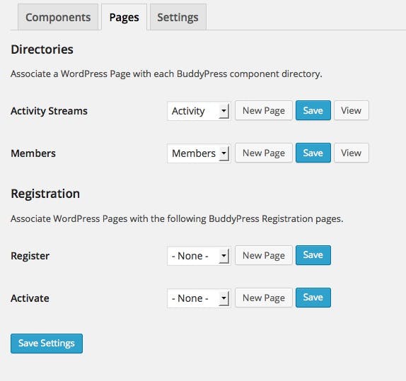 The Pages section of the Settings for BuddyPress