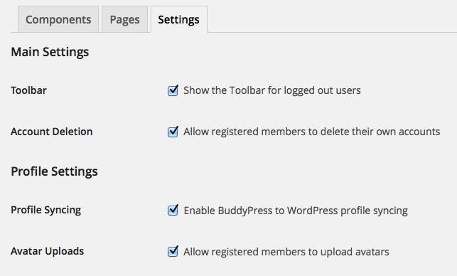 The settings  tab of the Settings Page for BuddyPress
