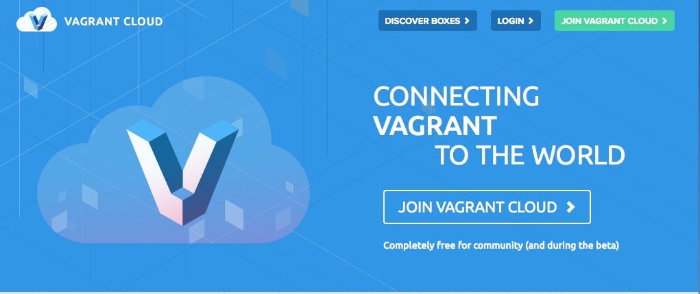 The front page of the Vagrant Cloud website where you can create an account and login.