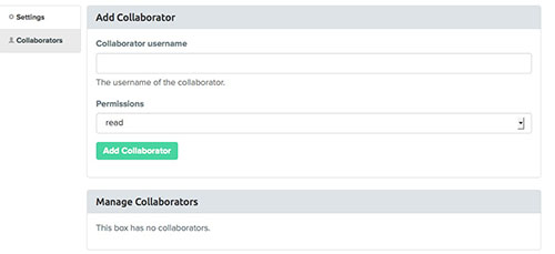 The Collaborators panel for Vagrant Cloud where you can add users to your team. 