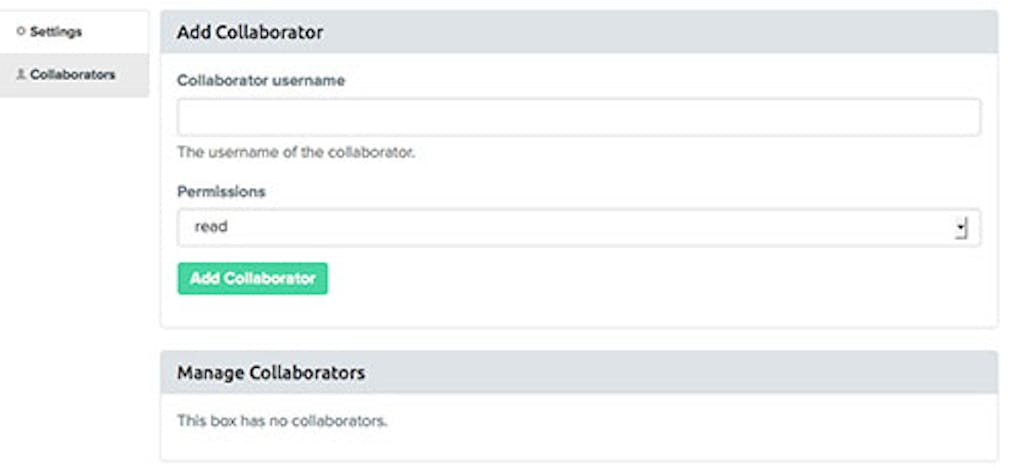 The Collaborators panel for Vagrant Cloud where you can add users to your team. 