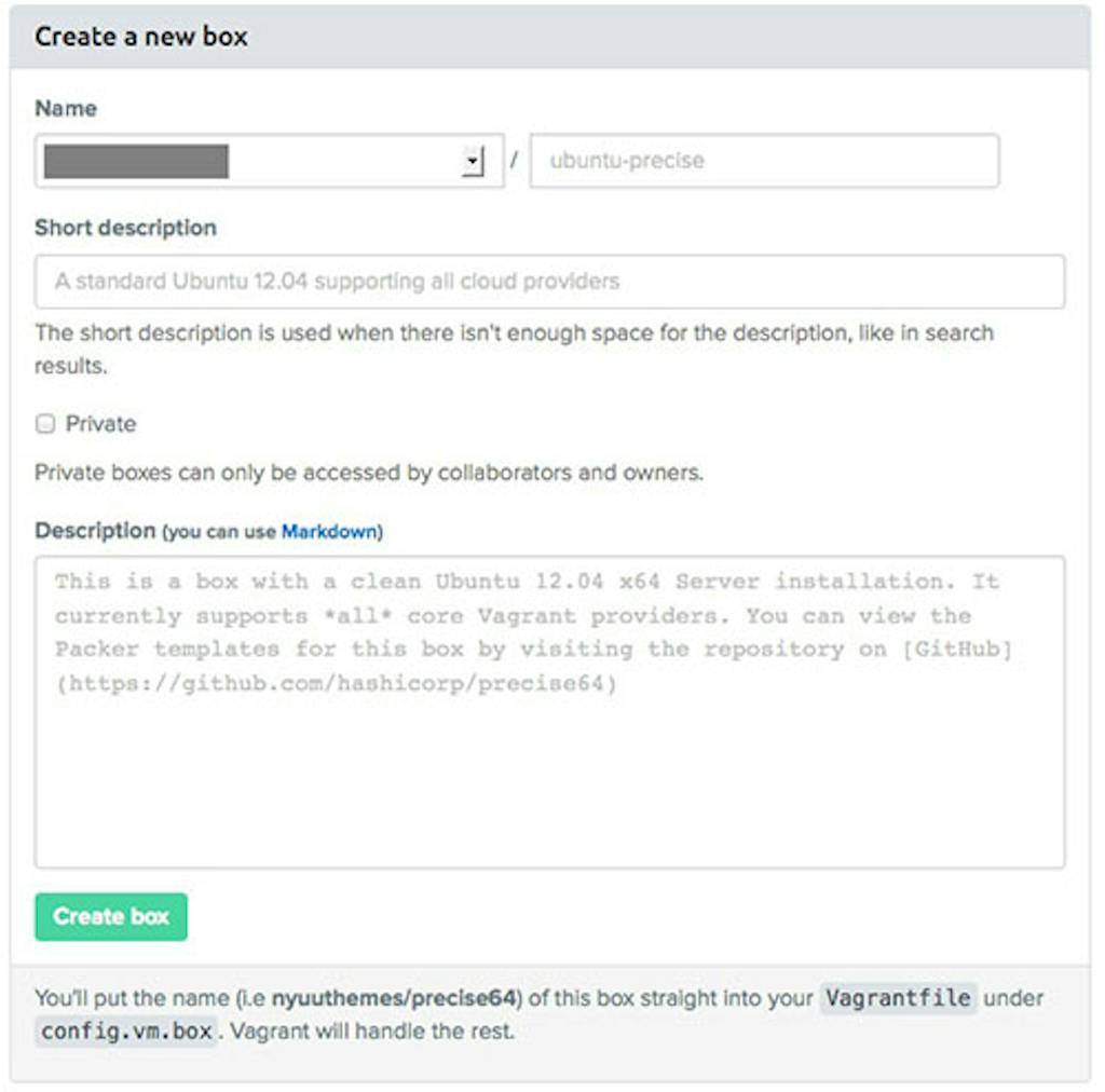 The form that you will need to fill out to create a new box on Vagrant Cloud.