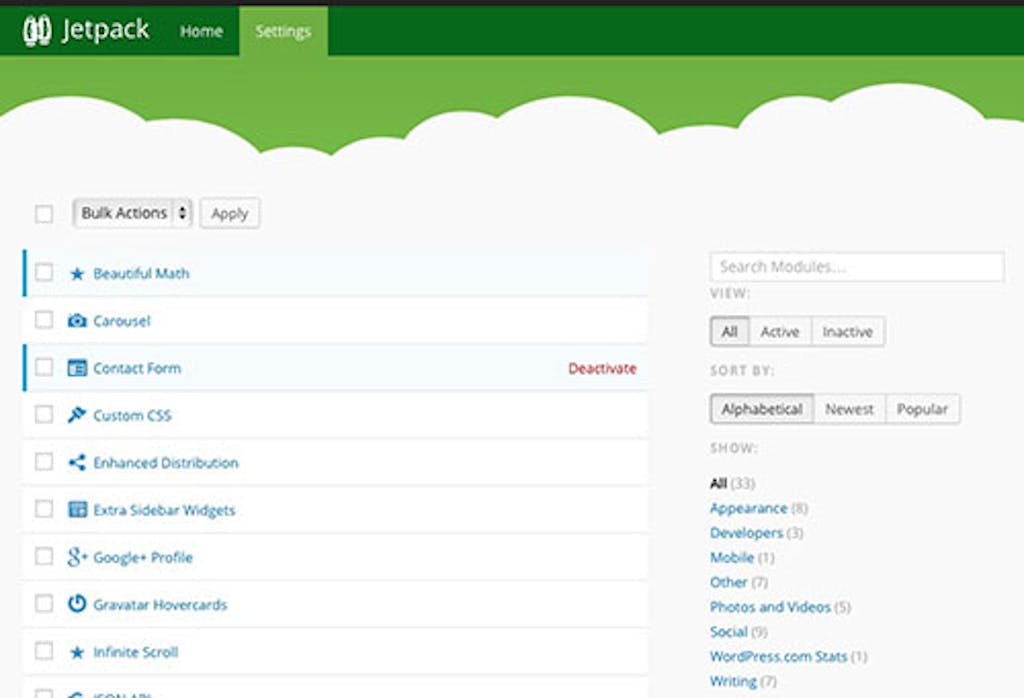 You can choose which modules to activate and deactivate on this screen