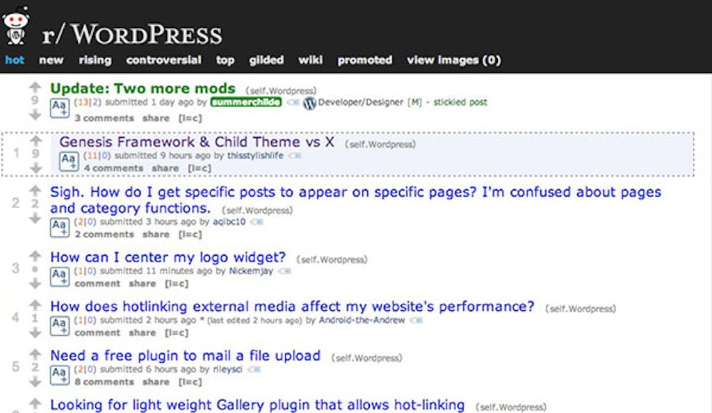 The WordPress section on Reddit contains links to articles or questions.