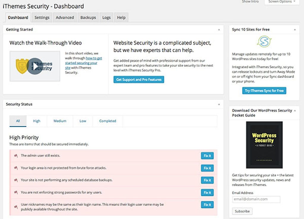 The main UI for iThemes Security for WordPress