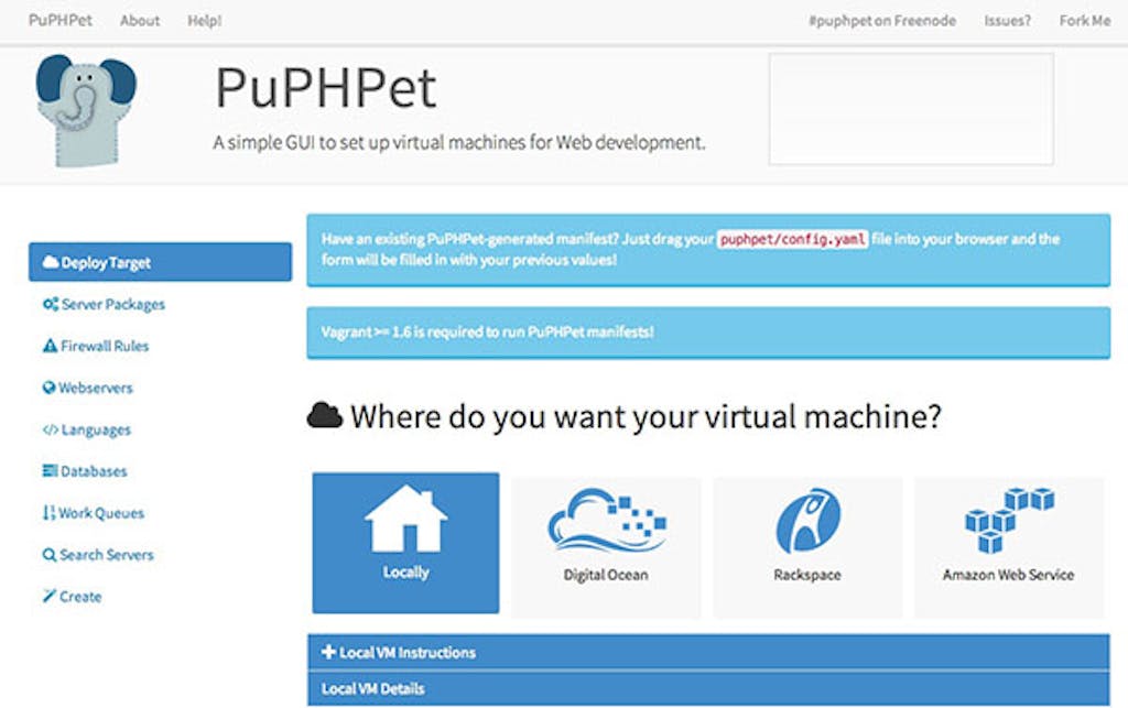 The puphpet homepage has many options that you can choose from to create your own virtual server.