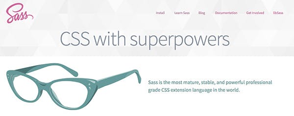 The Sass homepage with a pair of glasses